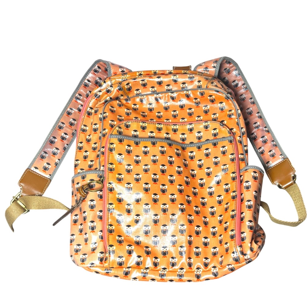 Fossil Key-Per Owl Print Coated Canvas Backpack Orange/ Coral Brown Trim Clean